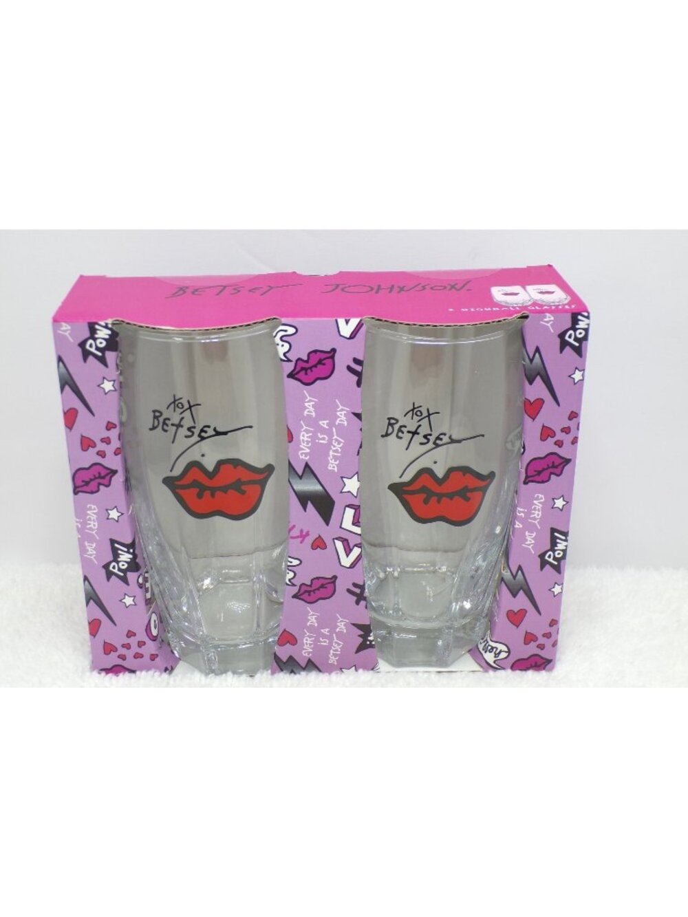 Betsey Johnson Highball Glasses Set of 2 Lips Graphic Clear Glassware